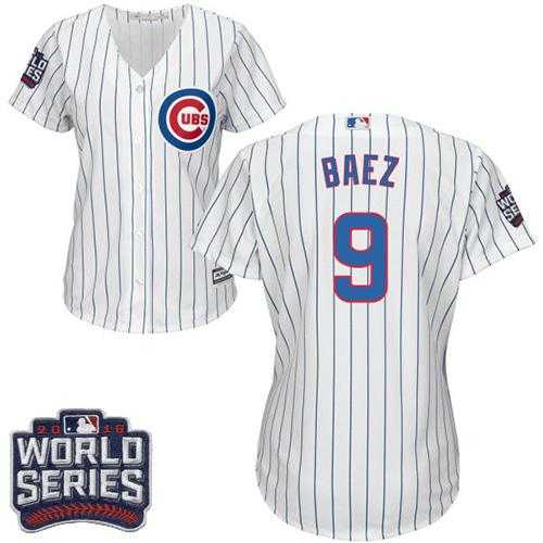 Women's Chicago Cubs #9 Javier Baez White(Blue Strip) Home 2016 World Series Bound Stitched Baseball Jersey