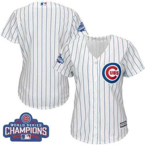 Women's Chicago Cubs Blank White(Blue Strip) Home 2016 World Series Champions Stitched Baseball Jersey