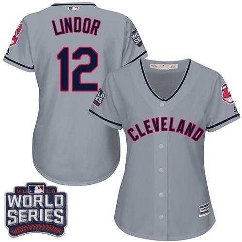Women's Cleveland Indians #12 Francisco Lindor Grey 2016 World Series Bound Road Stitched Baseball Jersey