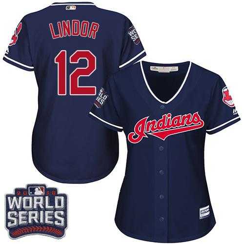 Women's Cleveland Indians #12 Francisco Lindor Navy Blue 2016 World Series Bound Alternate Stitched Baseball Jersey