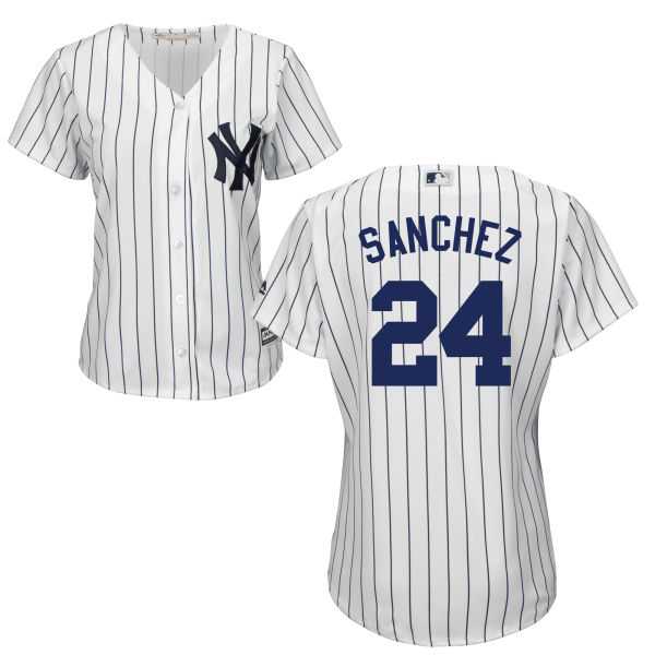 Women's New York Yankees #24 Gary Sanchez White Strip Home Stitched Baseball Jersey