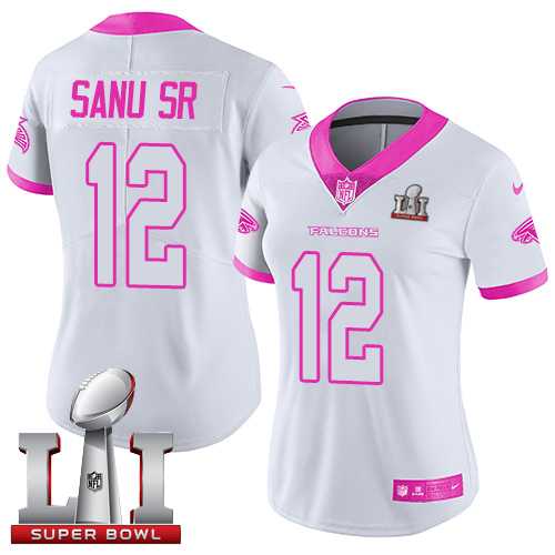 Women's Nike Atlanta Falcons #12 Mohamed Sanu Sr White Pink Super Bowl LI 51 Stitched NFL Limited Rush Fashion Jersey