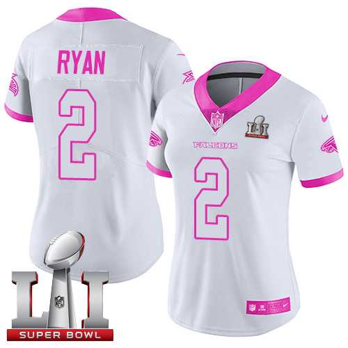 Women's Nike Atlanta Falcons #2 Matt Ryan White Pink Super Bowl LI 51 Stitched NFL Limited Rush Fashion Jersey