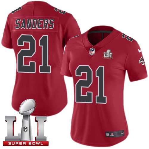 Women's Nike Atlanta Falcons #21 Deion Sanders Red Super Bowl LI 51 Stitched NFL Limited Rush Jersey