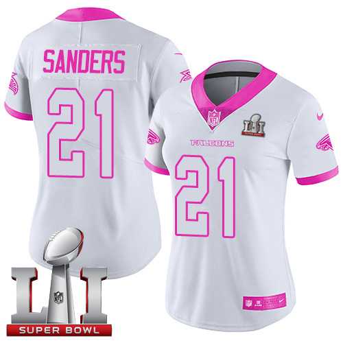 Women's Nike Atlanta Falcons #21 Deion Sanders White Pink Super Bowl LI 51 Stitched NFL Limited Rush Fashion Jersey