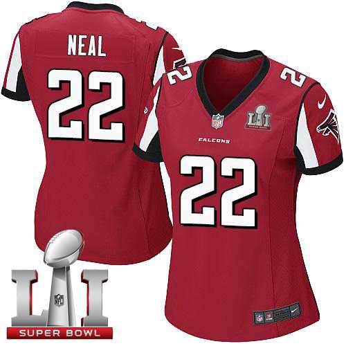 Women's Nike Atlanta Falcons #22 Keanu Neal Red Team Color Super Bowl LI 51 Stitched NFL Elite Jersey