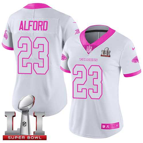 Women's Nike Atlanta Falcons #23 Robert Alford White Pink Super Bowl LI 51 Stitched NFL Limited Rush Fashion Jersey