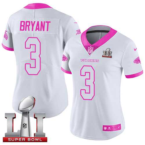 Women's Nike Atlanta Falcons #3 Matt Bryant White Pink Super Bowl LI 51 Stitched NFL Limited Rush Fashion Jersey
