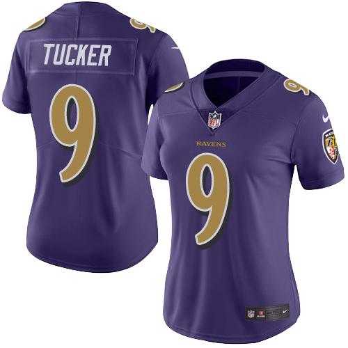 Women's Nike Baltimore Ravens #9 Justin Tucker Purple Stitched NFL Limited Rush Jersey