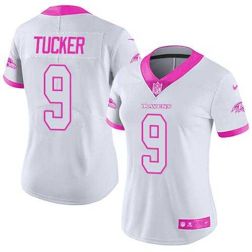 Women's Nike Baltimore Ravens #9 Justin Tucker White Pink Stitched NFL Limited Rush Fashion Jersey