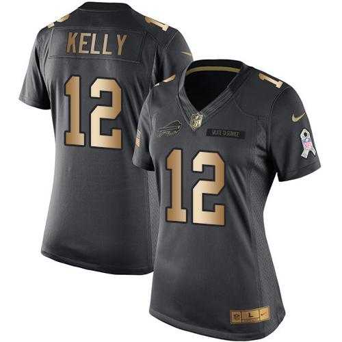 Women's Nike Buffalo Bills #12 Jim Kelly Anthracite Stitched NFL Limited Gold Salute to Service Jersey