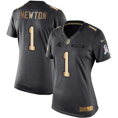 Women's Nike Carolina Panthers #1 Cam Newton Anthracite Stitched NFL Limited Gold Salute to Service Jersey
