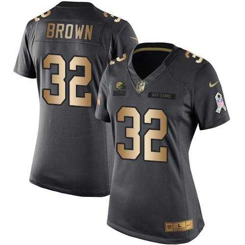 Women's Nike Cleveland Browns #32 Jim Brown Anthracite Stitched NFL Limited Gold Salute to Service Jersey