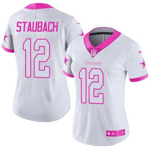Women's Nike Dallas Cowboys #12 Roger Staubach White Pink Stitched NFL Limited Rush Fashion Jersey