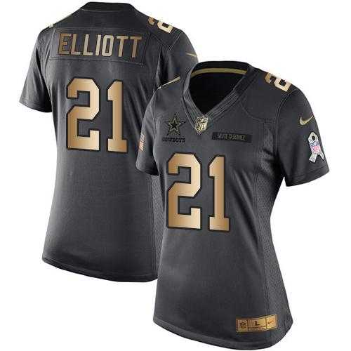 Women's Nike Dallas Cowboys #21 Ezekiel Elliott Black Stitched NFL Limited Gold Salute to Service Jersey