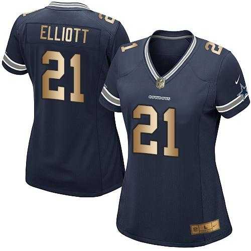 Women's Nike Dallas Cowboys #21 Ezekiel Elliott Navy Blue Team Color Stitched NFL Elite Gold Jersey