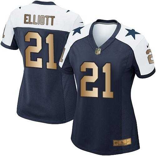 Women's Nike Dallas Cowboys #21 Ezekiel Elliott Navy Blue Thanksgiving Throwback Stitched NFL Elite Gold Jersey