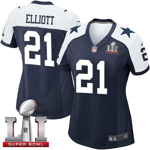 Women's Nike Dallas Cowboys #21 Ezekiel Elliott Navy Blue Thanksgiving Throwback Stitched NFL Super Bowl LI 51 Elite Jersey