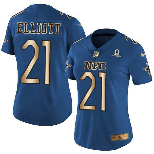Women's Nike Dallas Cowboys #21 Ezekiel Elliott Navy Stitched NFL Limited Gold NFC 2017 Pro Bowl Jersey