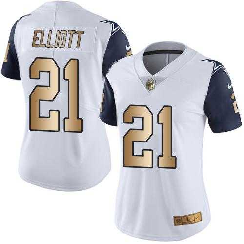 Women's Nike Dallas Cowboys #21 Ezekiel Elliott White Stitched NFL Limited Gold Rush Jersey