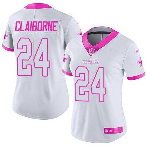 Women's Nike Dallas Cowboys #24 Morris Claiborne White Pink Stitched NFL Limited Rush Fashion Jersey