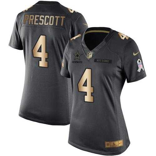 Women's Nike Dallas Cowboys #4 Dak Prescott Black Stitched NFL Limited Gold Salute to Service Jersey
