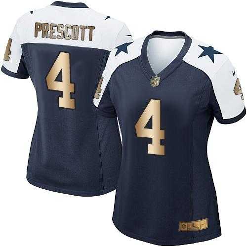 Women's Nike Dallas Cowboys #4 Dak Prescott Navy Blue Thanksgiving Throwback Stitched NFL Elite Gold Jersey