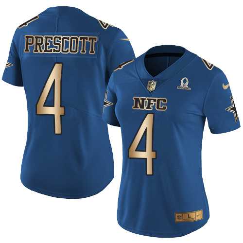 Women's Nike Dallas Cowboys #4 Dak Prescott Navy Stitched NFL Limited Gold NFC 2017 Pro Bowl Jersey