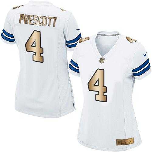 Women's Nike Dallas Cowboys #4 Dak Prescott White Stitched NFL Elite Gold Jersey