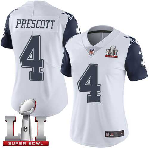 Women's Nike Dallas Cowboys #4 Dak Prescott White Stitched NFL Super Bowl LI 51 Limited Rush Jersey