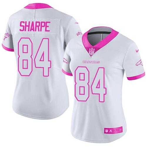 Women's Nike Denver Broncos #84 Shannon Sharpe White Pink Stitched NFL Limited Rush Fashion Jersey