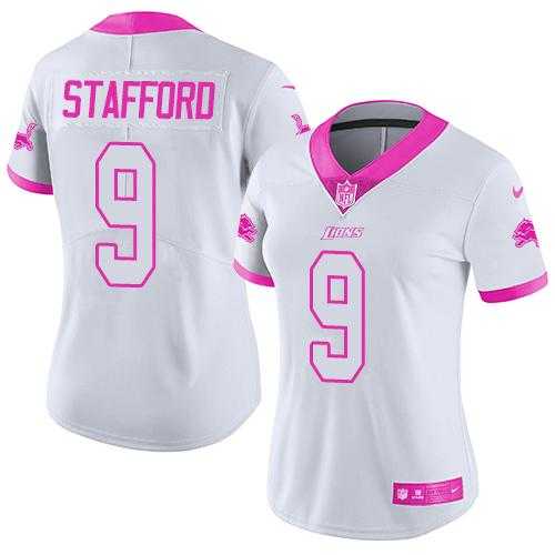Women's Nike Detroit Lions #9 Matthew Stafford White Pink Stitched NFL Limited Rush Fashion Jersey