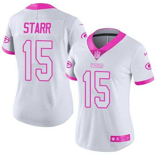 Women's Nike Green Bay Packers #15 Bart Starr White Pink Stitched NFL Limited Rush Fashion Jersey