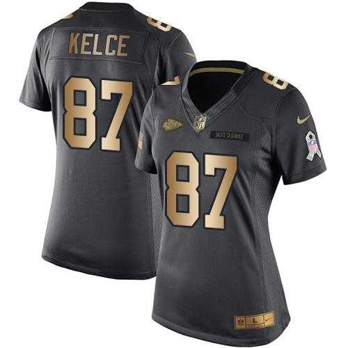 Women's Nike Kansas City Chiefs #87 Travis Kelce Anthracite Stitched NFL Limited Gold Salute to Service Jersey