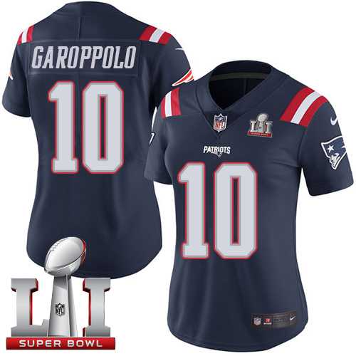 Women's Nike New England Patriots #10 Jimmy Garoppolo Navy Blue Super Bowl LI 51 Stitched NFL Limited Rush Jersey