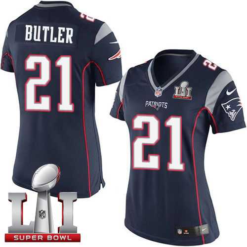 Women's Nike New England Patriots #21 Malcolm Butler Navy Blue Team Color Super Bowl LI 51 Stitched NFL New Elite Jersey