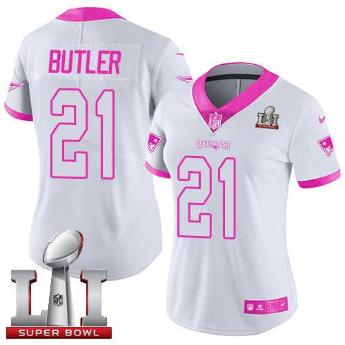 Women's Nike New England Patriots #21 Malcolm Butler White Pink Super Bowl LI 51 Stitched NFL Limited Rush Fashion Jersey