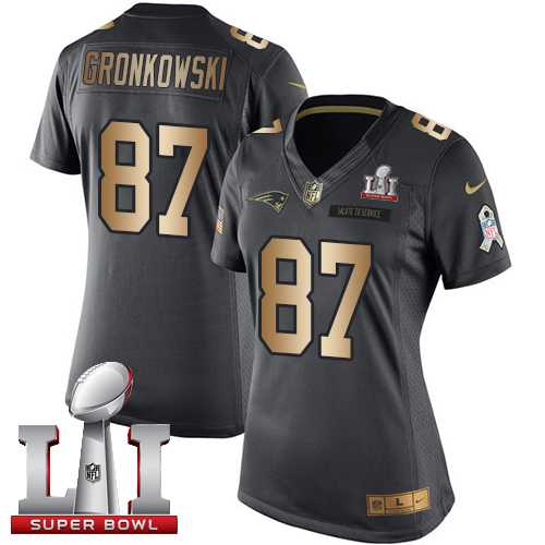 Women's Nike New England Patriots #87 Rob Gronkowski Black Super Bowl LI 51 Stitched NFL Limited Gold Salute to Service Jersey