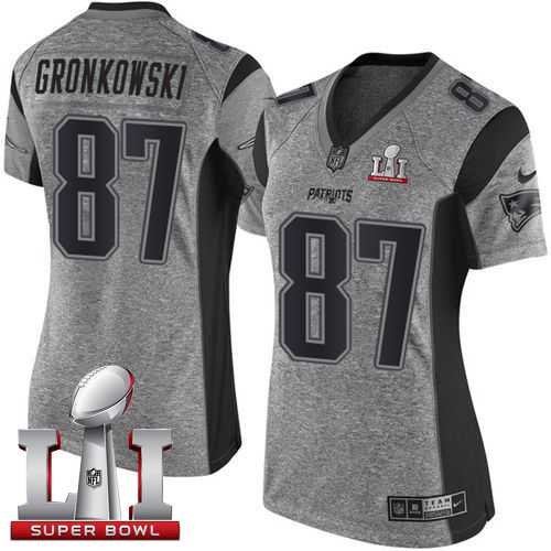 Women's Nike New England Patriots #87 Rob Gronkowski Gray Super Bowl LI 51 Stitched NFL Limited Gridiron Gray Jersey