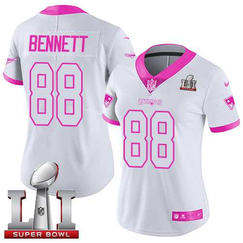 Women's Nike New England Patriots #88 Martellus Bennett White Pink Super Bowl LI 51 Stitched NFL Limited Rush Fashion Jersey