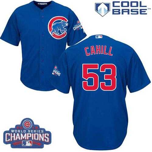 Youth Chicago Cubs #53 Trevor Cahill Blue Alternate 2016 World Series Champions Stitched Baseball Jersey