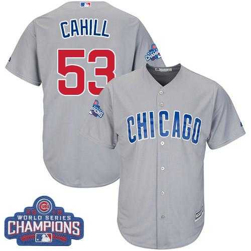 Youth Chicago Cubs #53 Trevor Cahill Grey Road 2016 World Series Champions Stitched Baseball Jersey