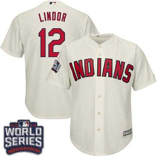 Youth Cleveland Indians #12 Francisco Lindor Cream Alternate 2016 World Series Bound Stitched Baseball Jersey