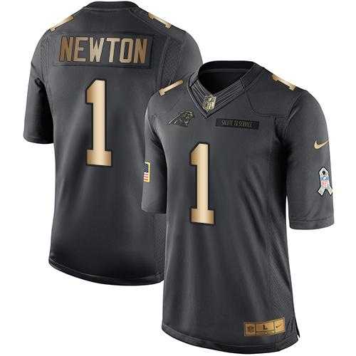 Youth Nike Carolina Panthers #1 Cam Newton Anthracite Stitched NFL Limited Gold Salute to Service Jersey