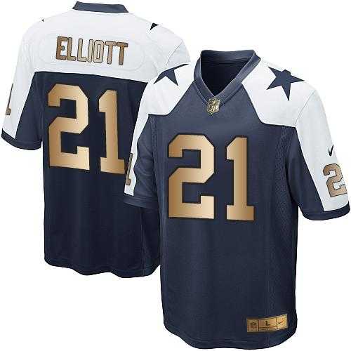 Youth Nike Dallas Cowboys #21 Ezekiel Elliott Navy Blue Thanksgiving Throwback Stitched NFL Elite Gold Jersey