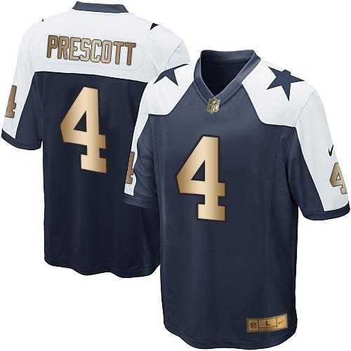 Youth Nike Dallas Cowboys #4 Dak Prescott Navy Blue Thanksgiving Throwback Stitched NFL Elite Gold Jersey