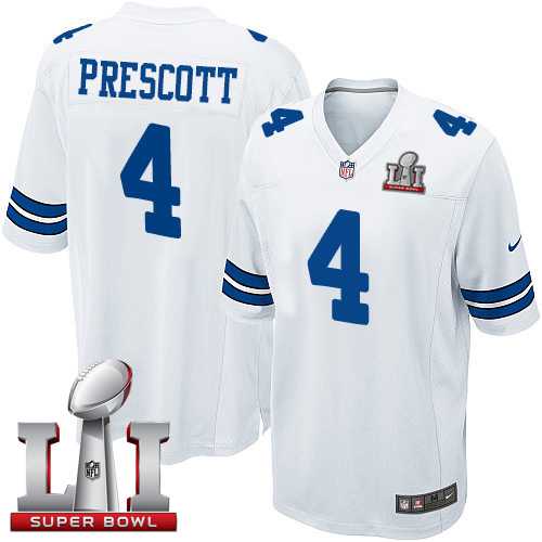 Youth Nike Dallas Cowboys #4 Dak Prescott White Stitched NFL Super Bowl LI 51 Elite Jersey