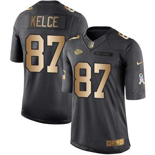 Youth Nike Kansas City Chiefs #87 Travis Kelce Anthracite Stitched NFL Limited Gold Salute to Service Jersey