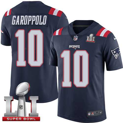 Youth Nike New England Patriots #10 Jimmy Garoppolo Navy Blue Super Bowl LI 51 Stitched NFL Limited Rush Jersey