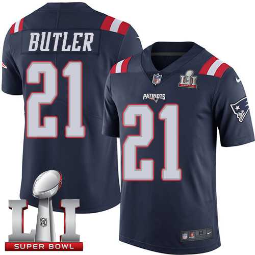 Youth Nike New England Patriots #21 Malcolm Butler Navy Blue Super Bowl LI 51 Stitched NFL Limited Rush Jersey
